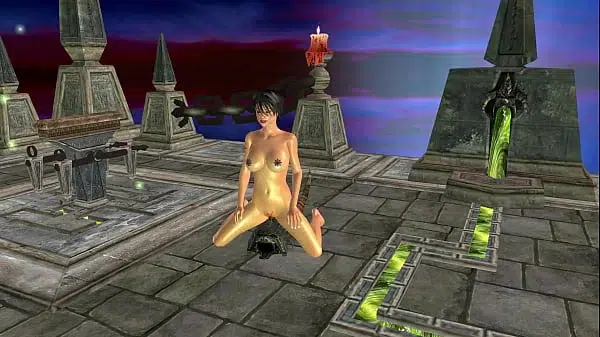 Animated 3D Cartoon Porn – A beautiful Tattooed girl rubbing her pussy against a broken stone piece in a temple