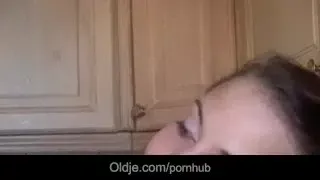 brunette licks old guy all over and fucks him