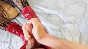 Red Ankle Boots Stiletto High Heels Fetish Fishnet Stockings Shoejob With Cumshot. AlexyFran