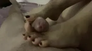 Slow and long footjob makes him cum on my toes red nails. POV